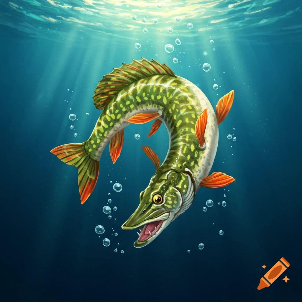 A pike fish is shown underwater.