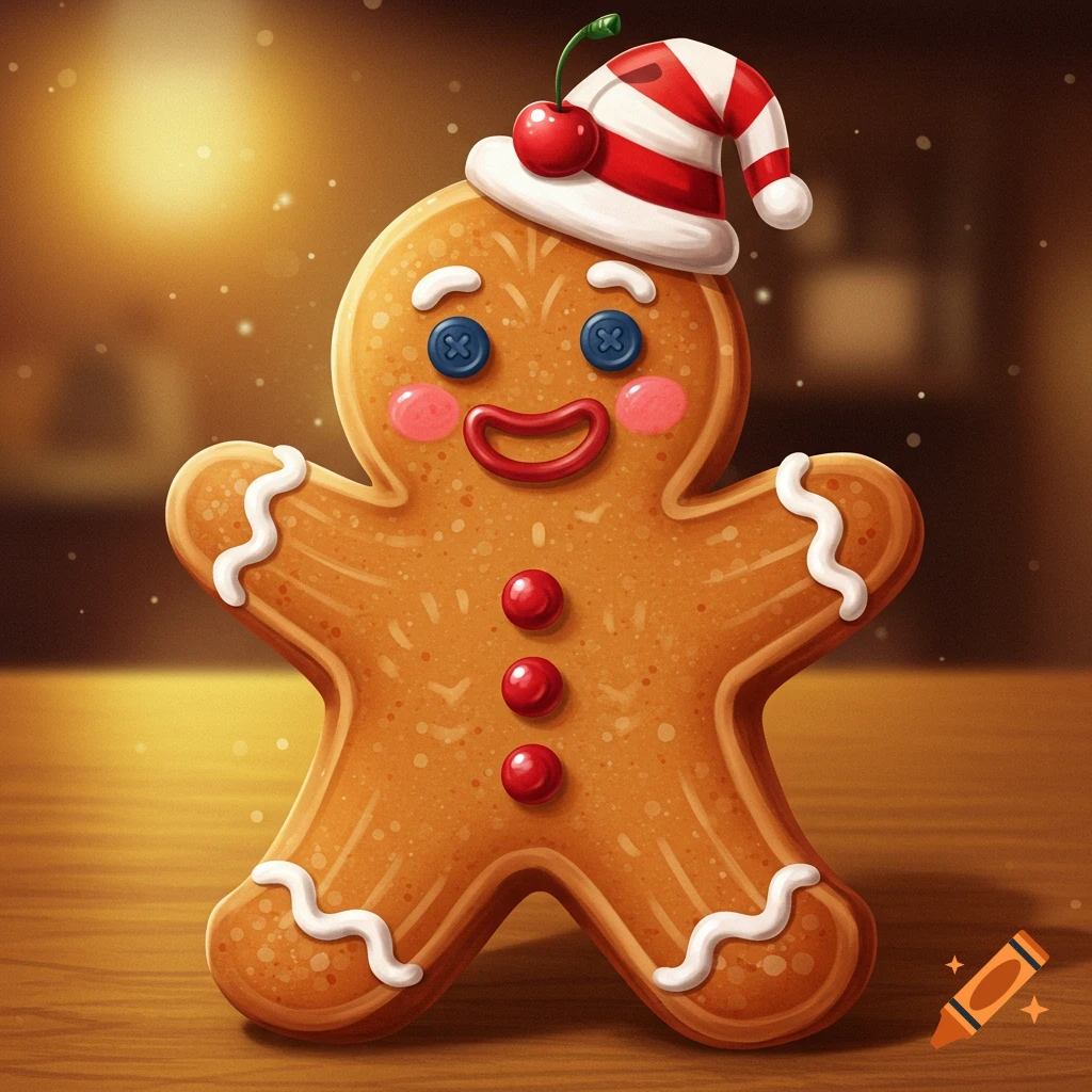 A cute gingerbread man wearing a striped Christmas hat with a cherry on top, standing on a wooden table.