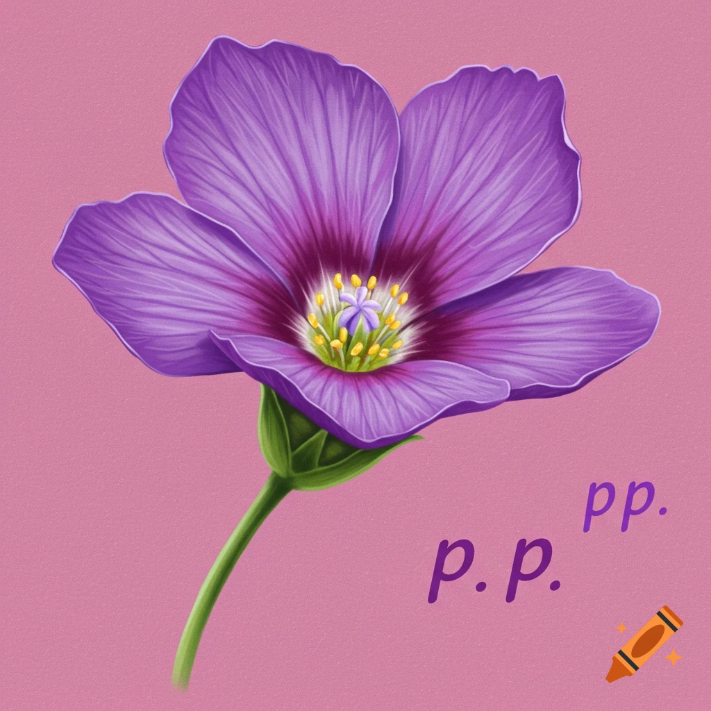 A detailed purple flower on a pink background with text "p.p. pp.".