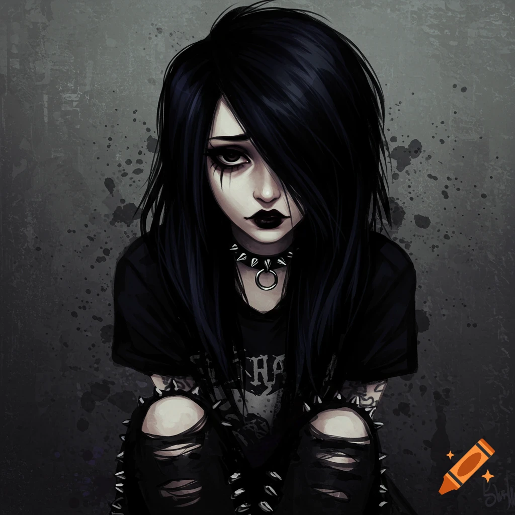 An emo girl with dark hair and makeup, wearing ripped clothes.
