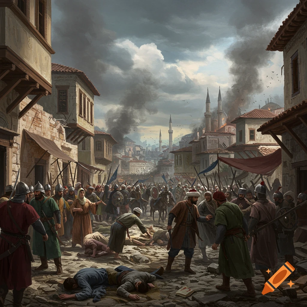 A street scene depicts the Fall of Constantinople with soldiers, civilians, and smoke rising from buildings.
