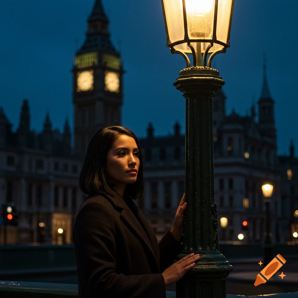 A woman stands by a street lamp in London at night with Big Ben in the background.