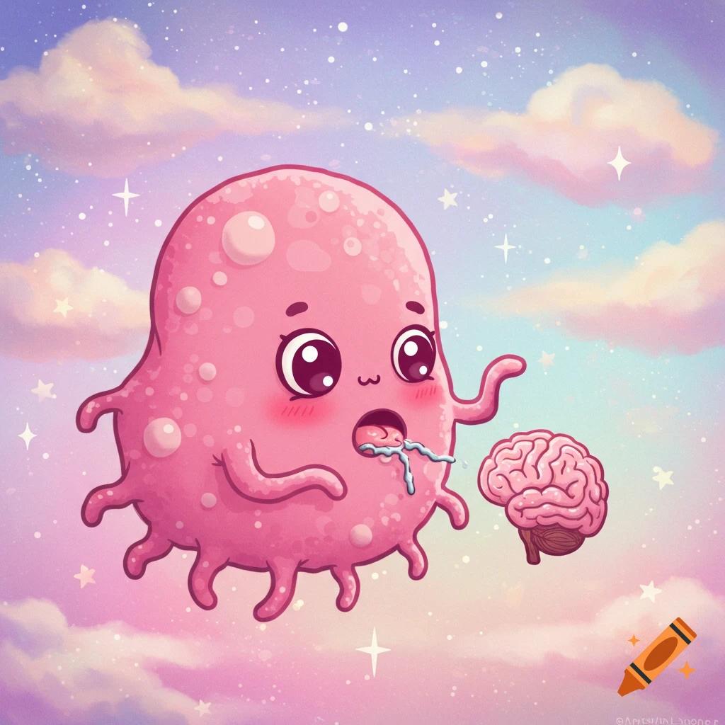 Cute pink creature drooling at a brain in a dreamy sky