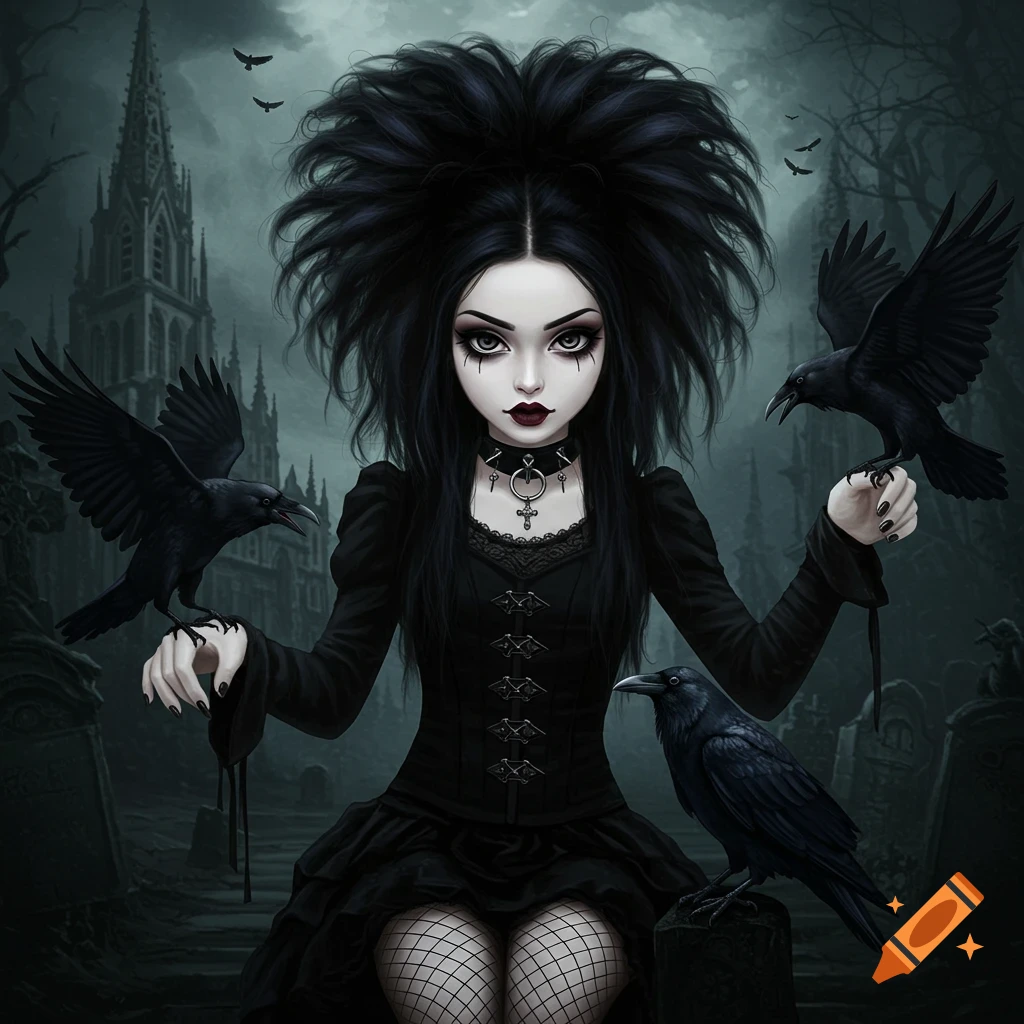 A goth girl with ravens in a graveyard.