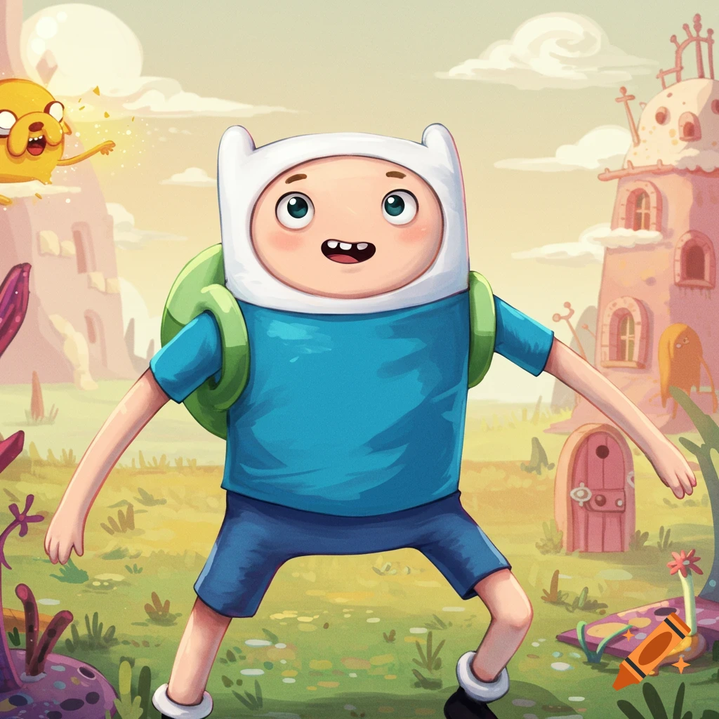 Finn the Human stands in a fantasy landscape with Jake the Dog in the background.