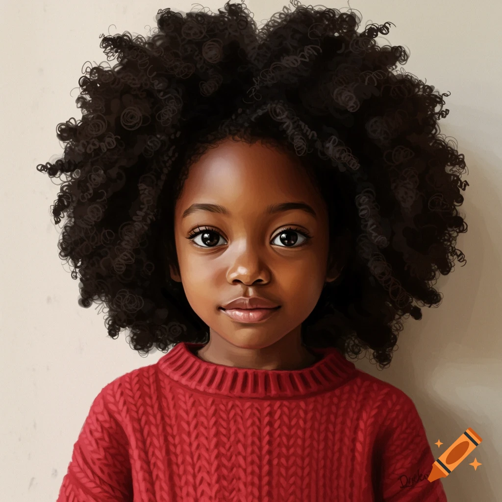 A young Black girl with curly hair wears a red sweater.