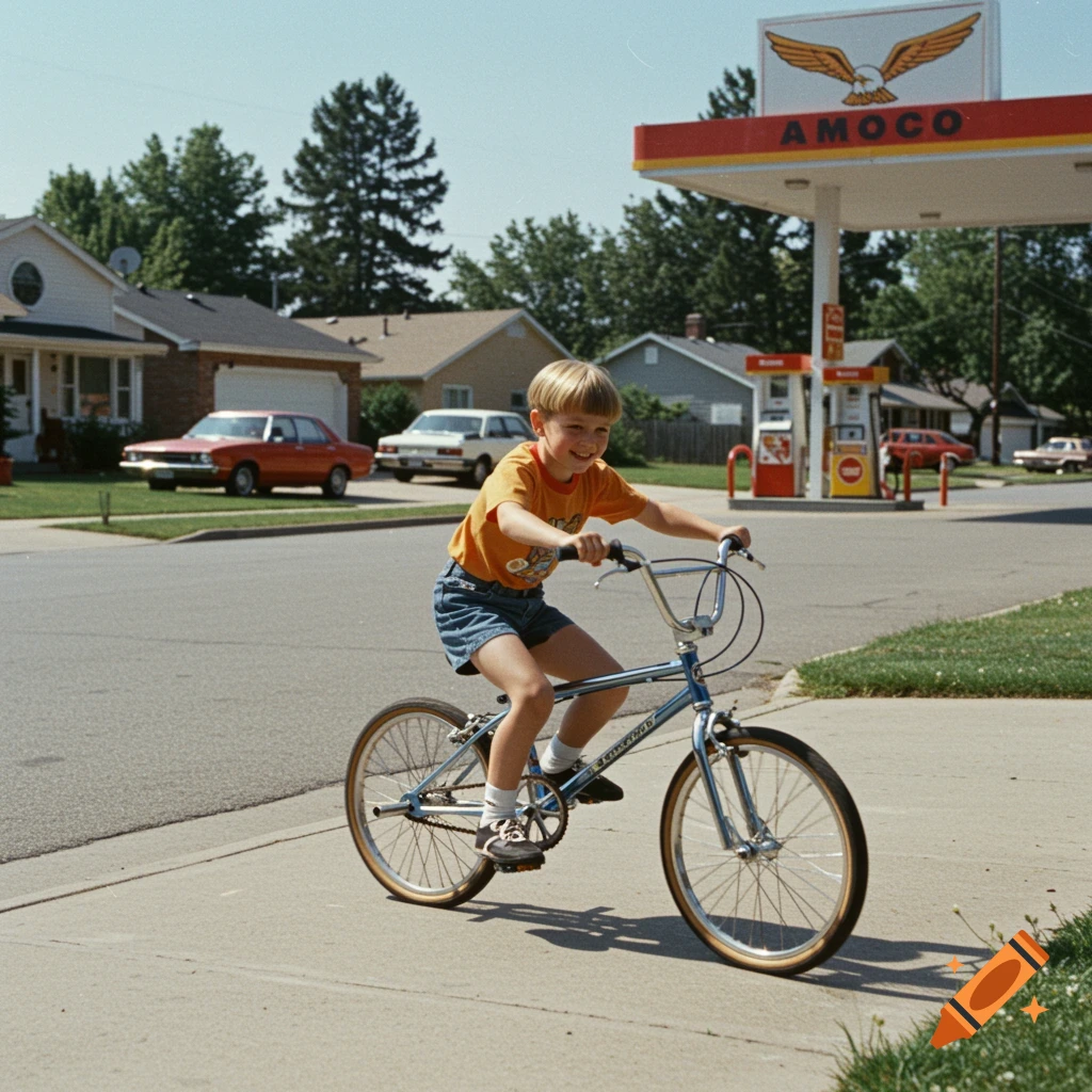 A young boy rides a blue BMX bike down a suburban street towards an Amoco gas station, realistic 90s photo