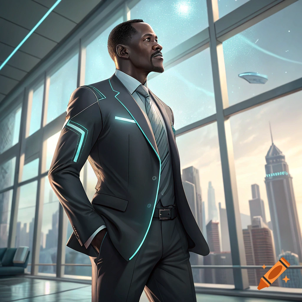 Man in futuristic suit looking out window at sci-fi city skyline