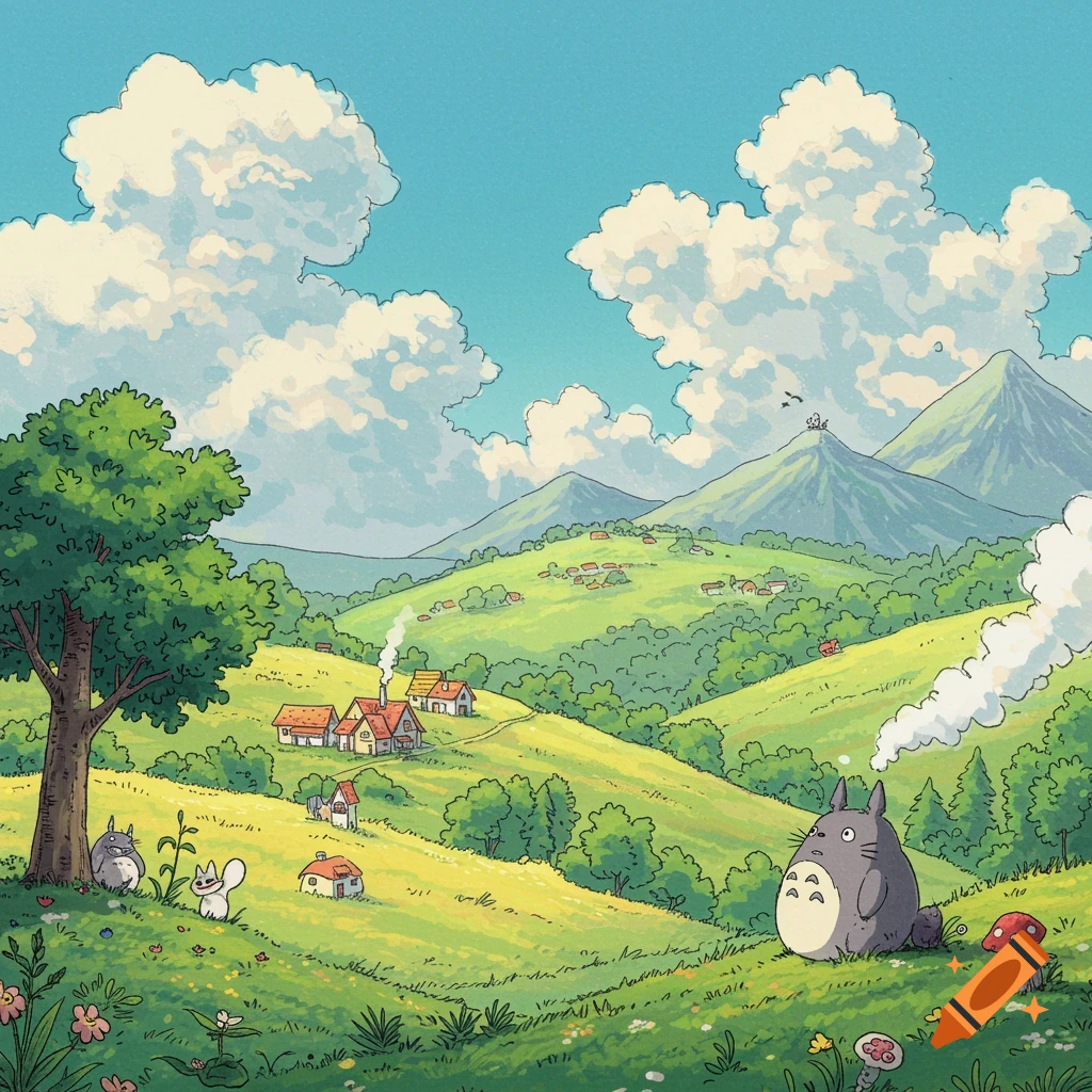 Studio Ghibli style illustration of Totoro and friends in a rolling green landscape with a village.