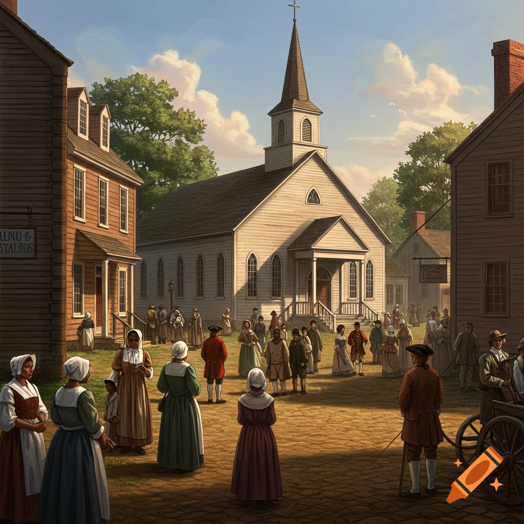 People gathered outside a church in colonial America.