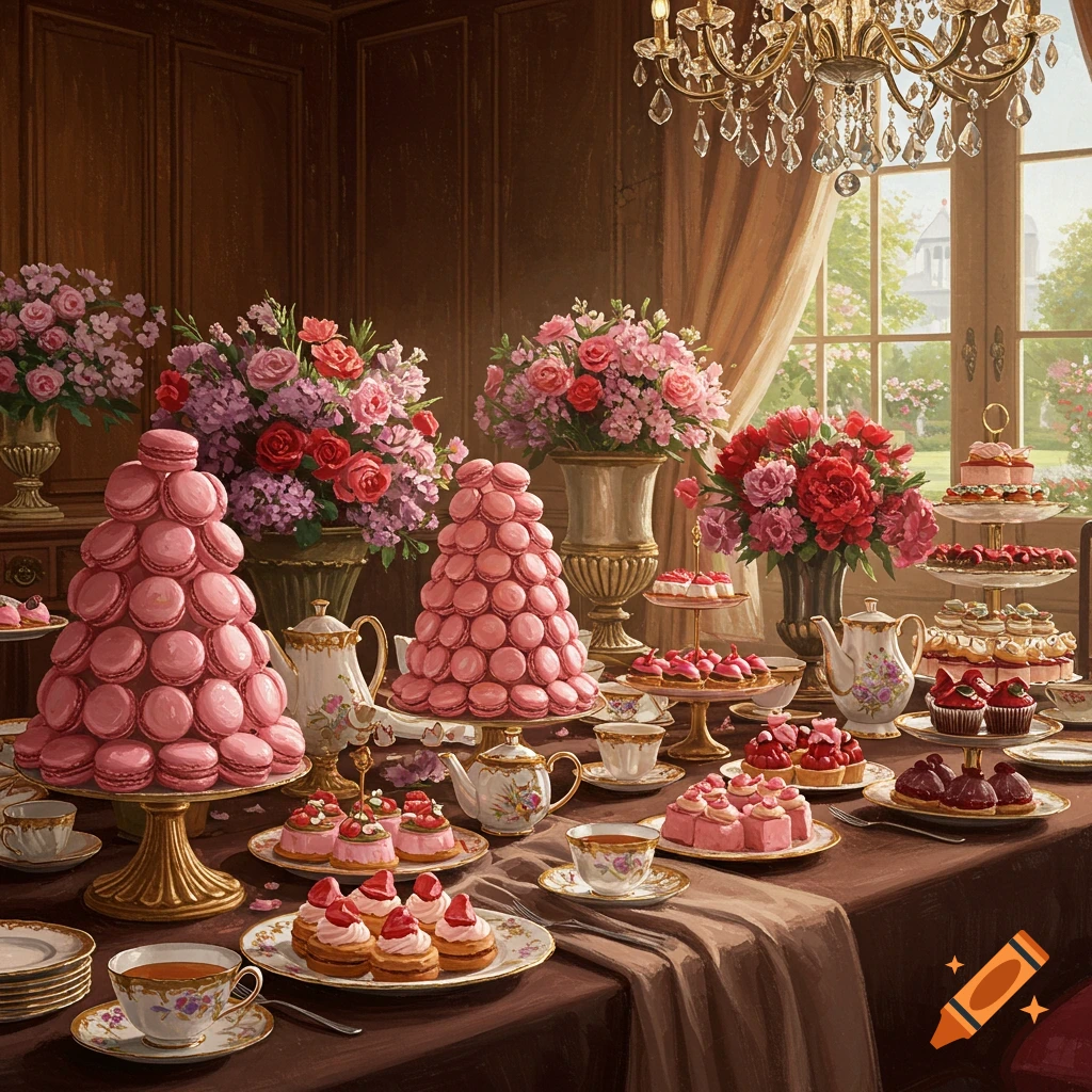 A lavish Victorian afternoon tea table laden with pink macarons, desserts, flowers, and teacups.