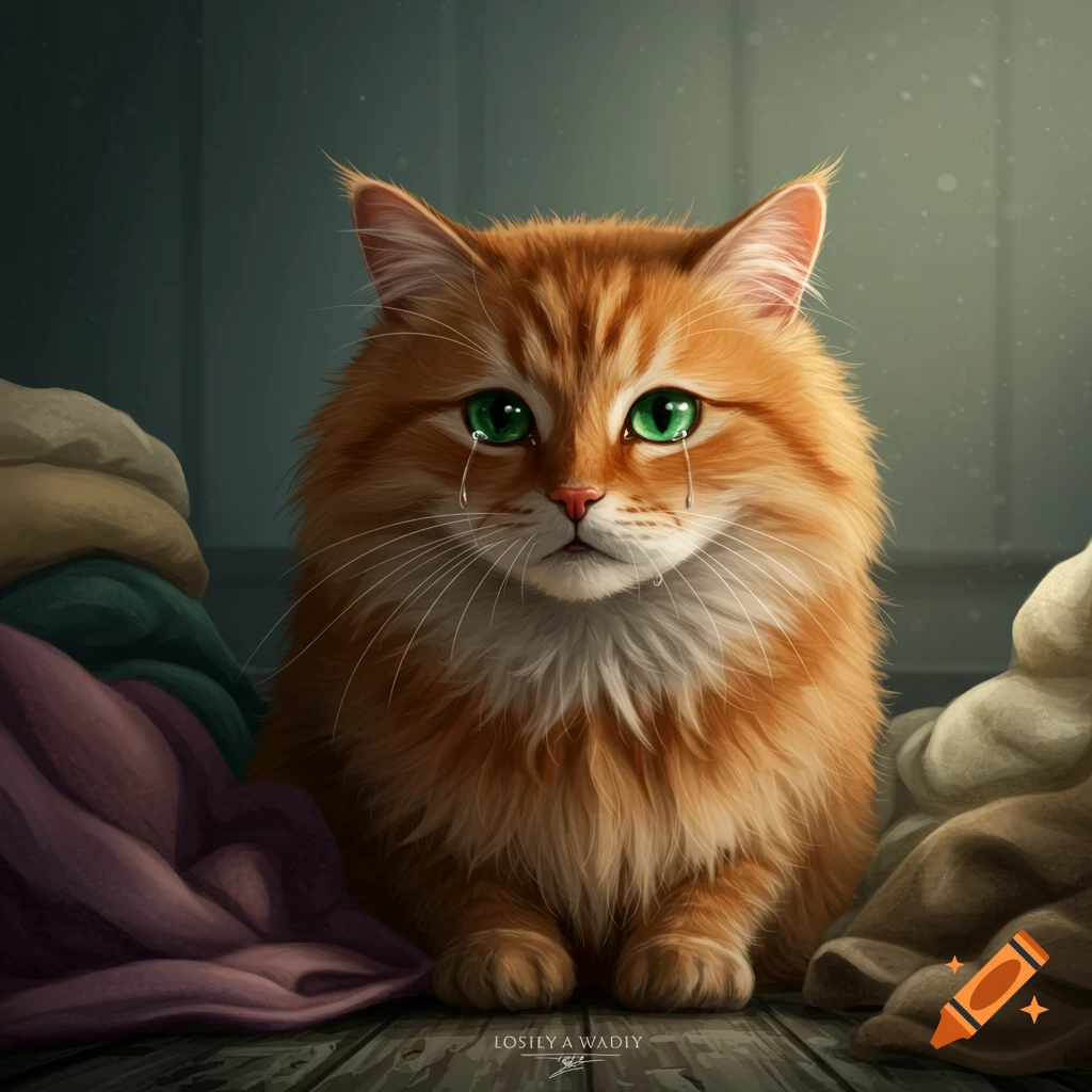 A sad orange cat sits among piles of clothes, crying tears.