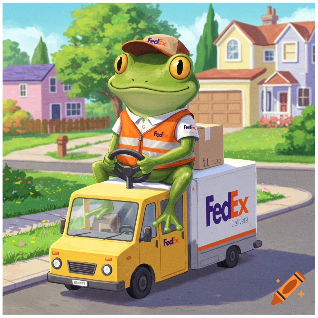 A cute cartoon frog wearing a FedEx uniform drives a yellow delivery truck in a suburban neighborhood.