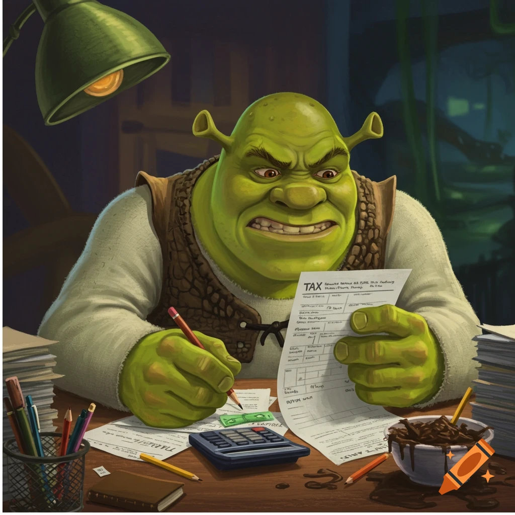 Shrek looking frustrated while filling out a tax form.