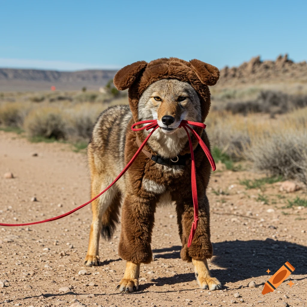 A coyote wearing a brown bear costume and holding a red leash in a desert landscape.
