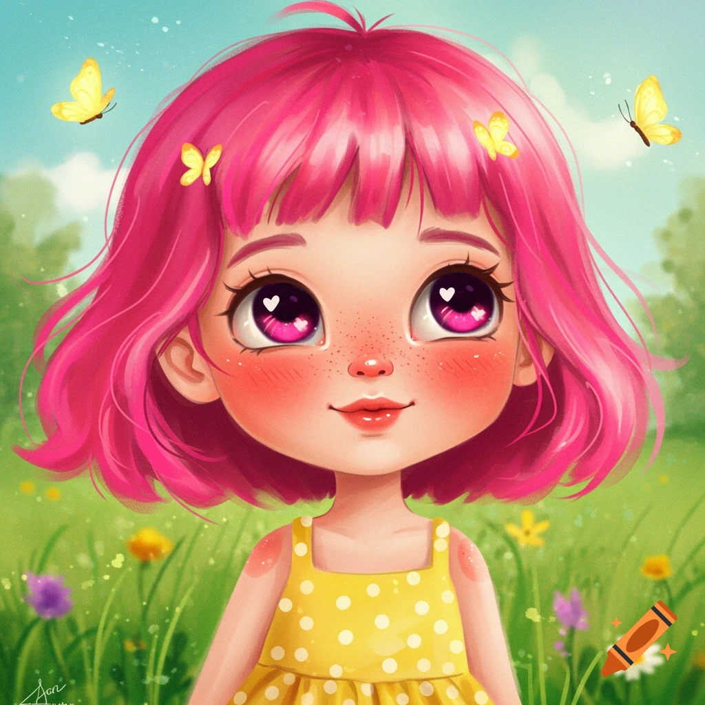 Digital illustration of a cute girl with pink hair in a field with butterflies.