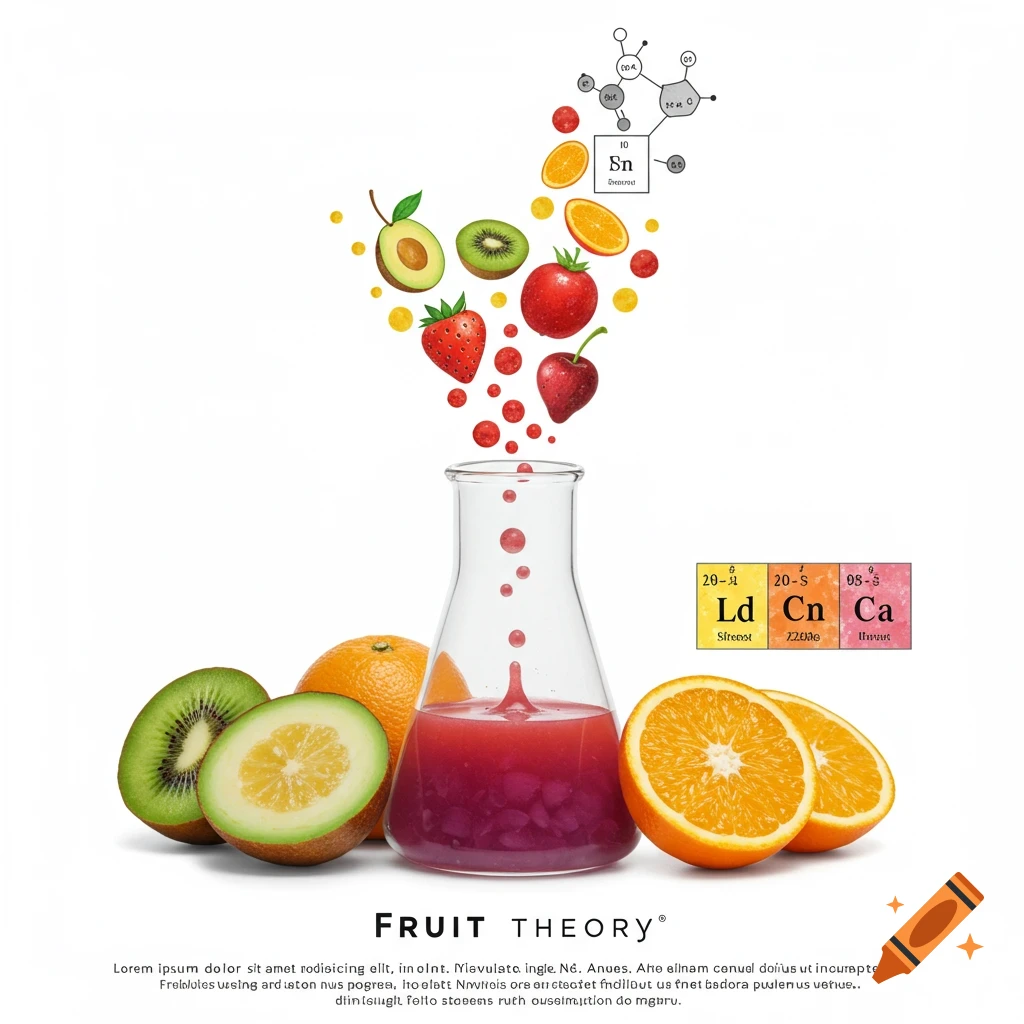 Graphic design featuring a beaker with juice, fresh fruits, molecular structures, and text.