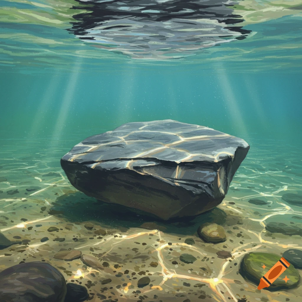 A large rock rests underwater in a river, with light rays filtering through the surface.