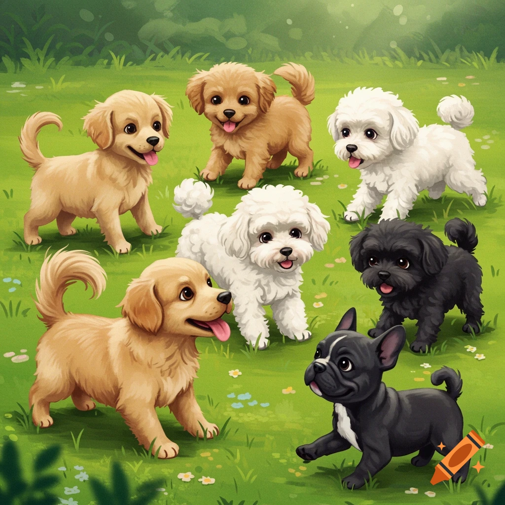 Six cartoon puppies, golden retrievers, poodles, and a French bulldog, play in a grassy field.
