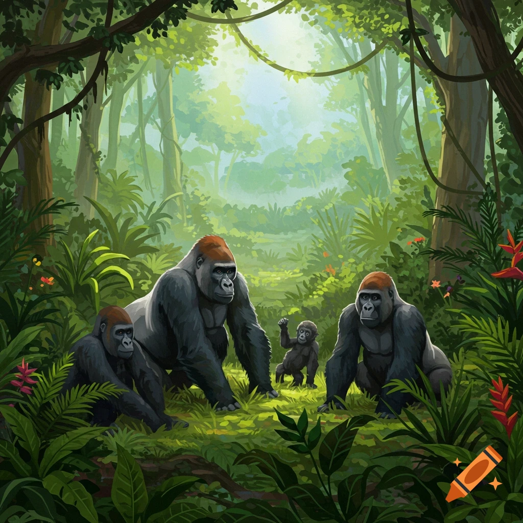 A family of gorillas, including a baby, is in a sunny, lush green jungle.
