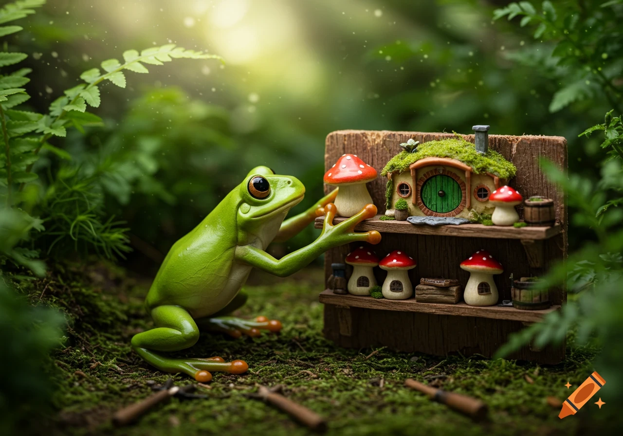 A green frog arranges miniature hobbit houses and mushrooms on a shelf in a forest.