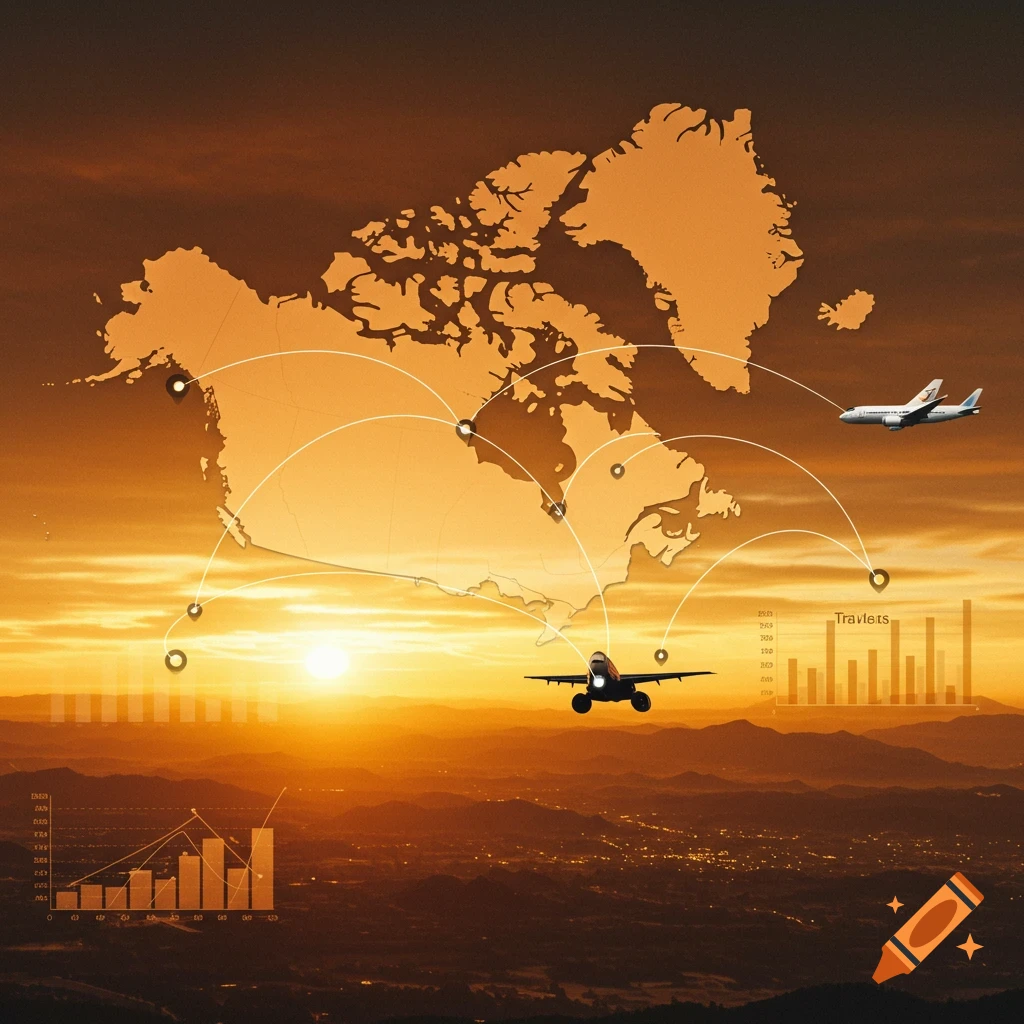 Map of North America with airline routes connecting points, airplanes, and data charts over a sunset landscape.