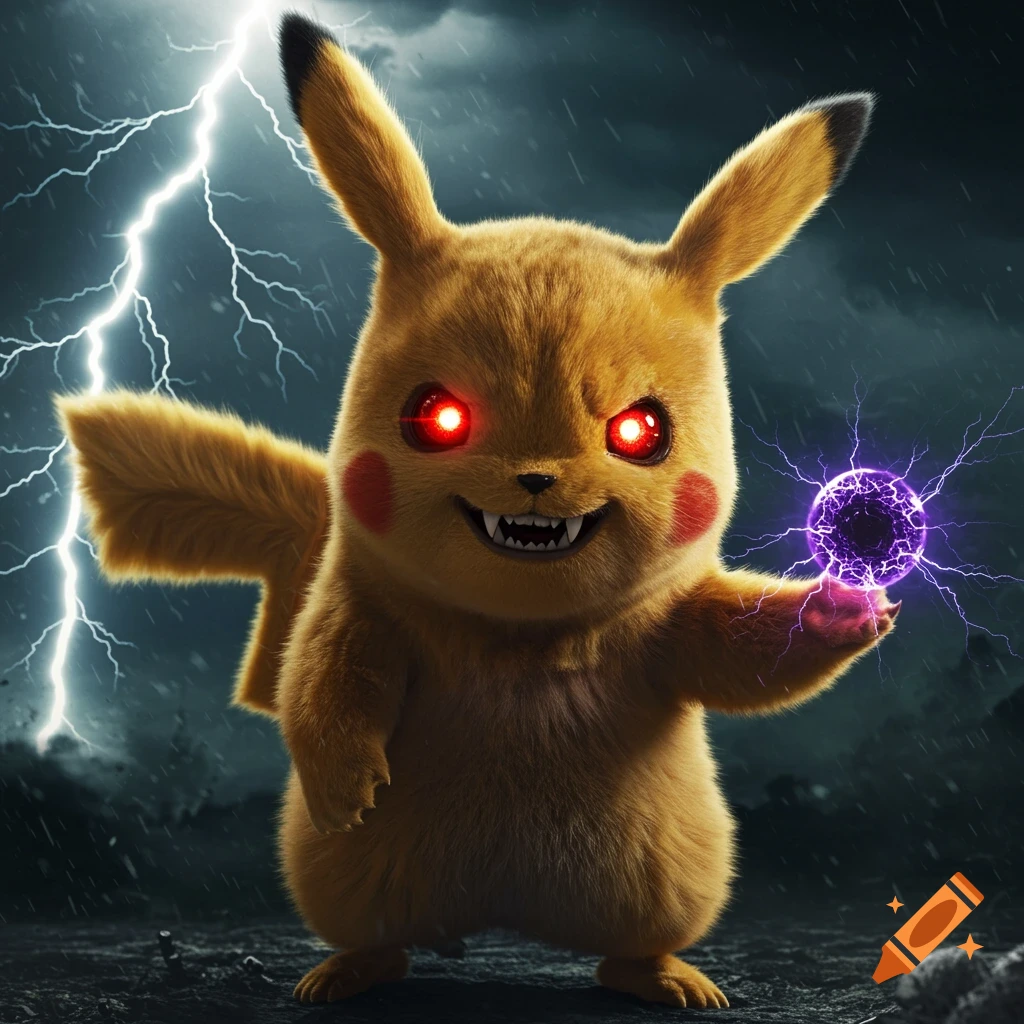 A menacing Pikachu with red eyes and sharp teeth holds a purple electric orb under a stormy, lightning-filled sky.