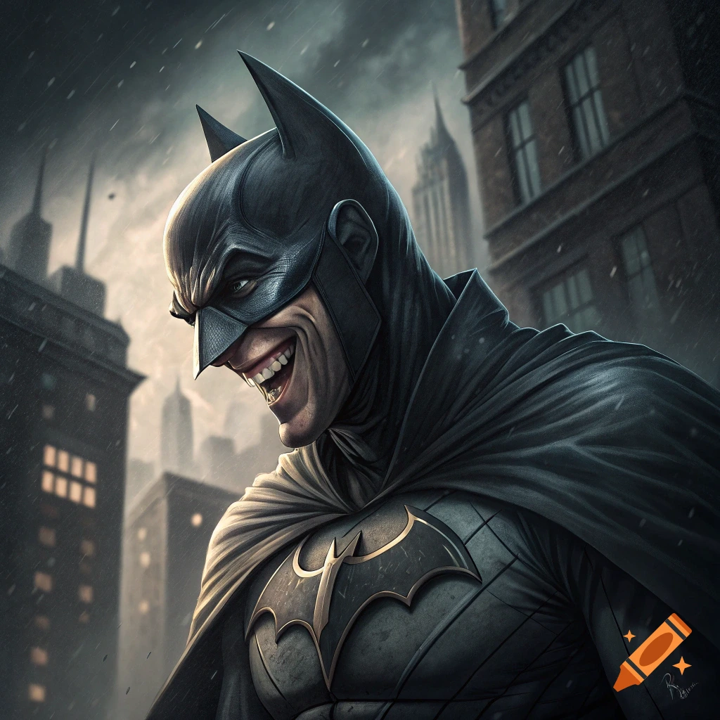 A close-up of Batman with a wide, Joker-like grin standing in a dark, rainy cityscape.