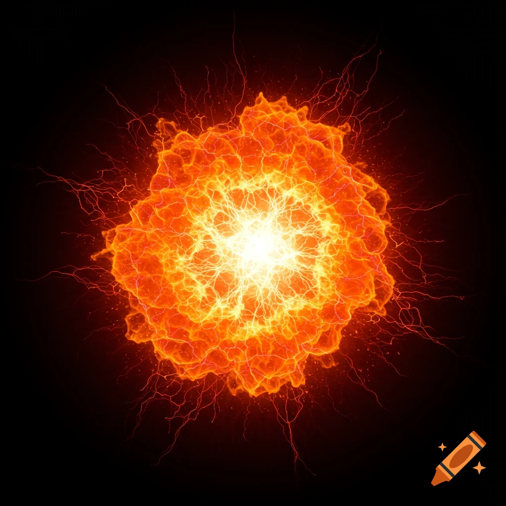 A bright orange fiery explosion or energy burst with radiating tendrils against a black background.