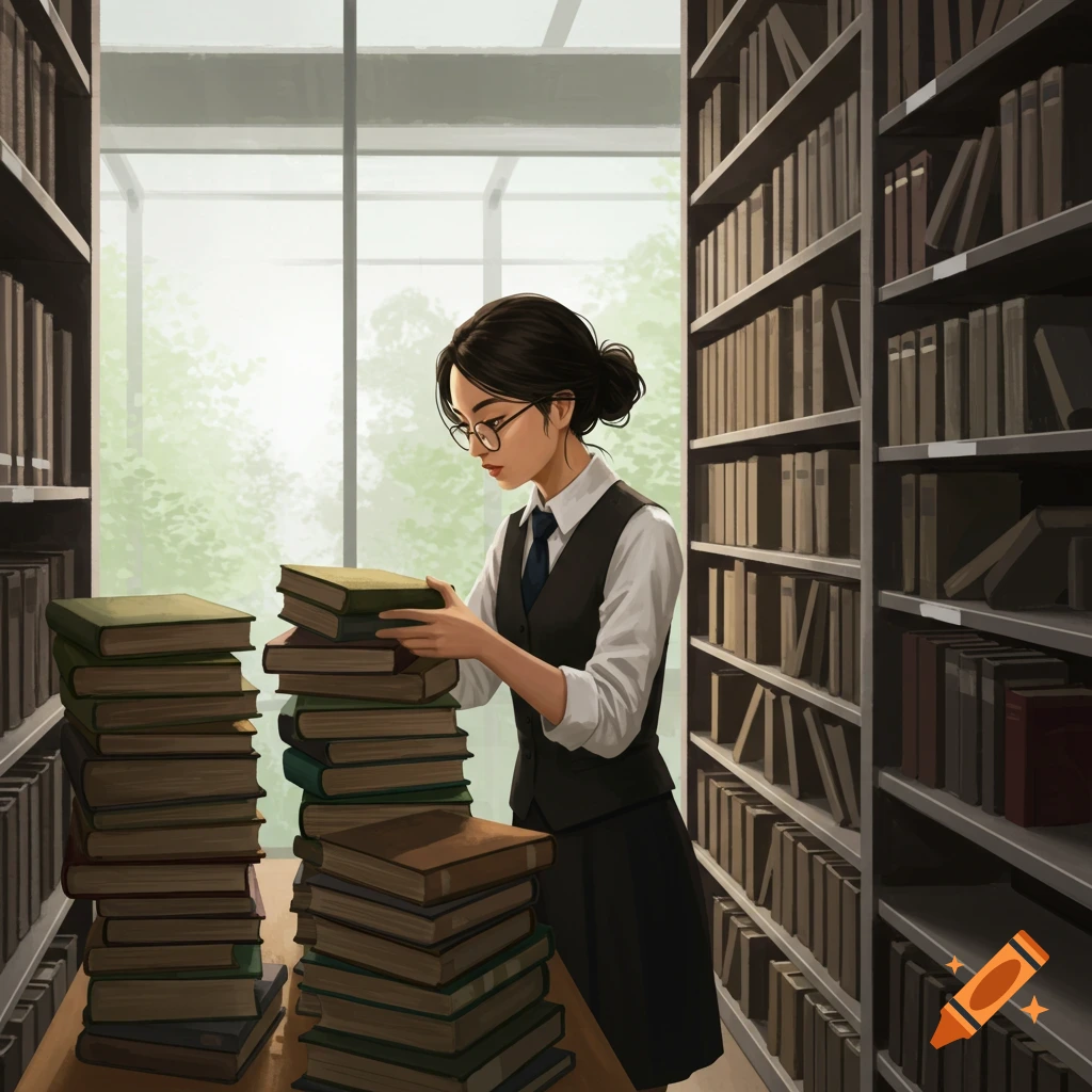 A librarian sorts books in a modern library with large windows.