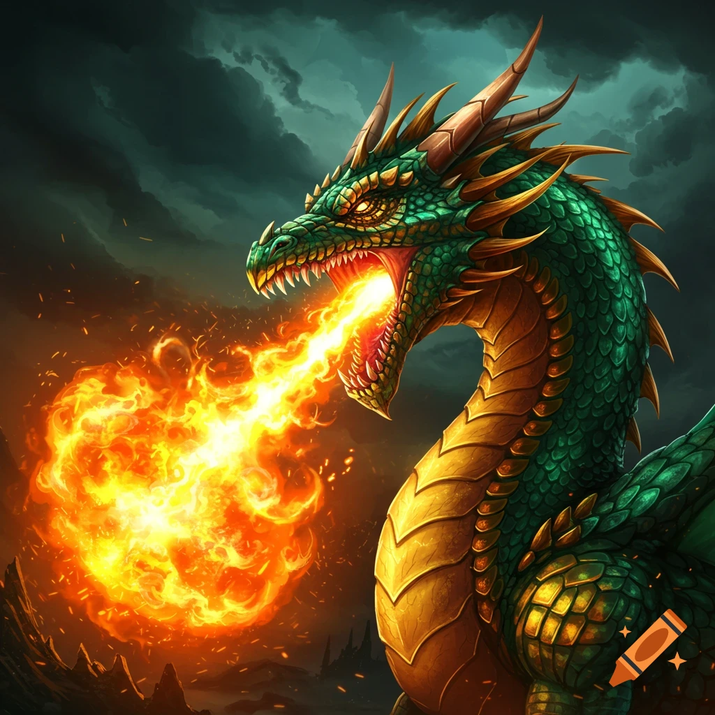 A green and gold dragon breathing a large ball of fire.