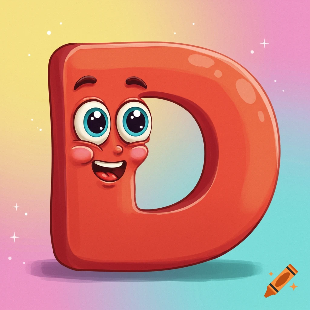 A red cartoon letter D character smiling against a pastel gradient background.
