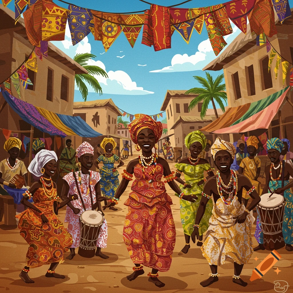 People dancing and drumming at a cultural festival in a village street with banners.