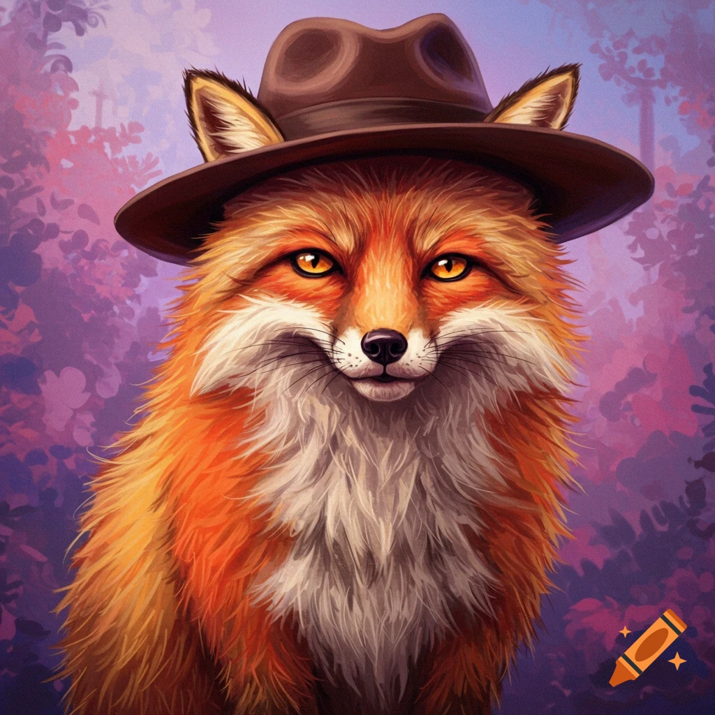 An image of a fox wearing a brown fedora hat against a purple background.
