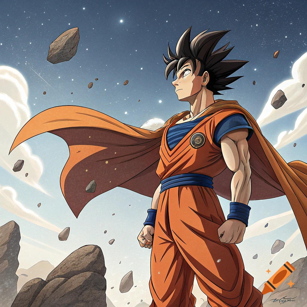 An anime character resembling Goku stands dramatically among floating rocks under a starry sky.