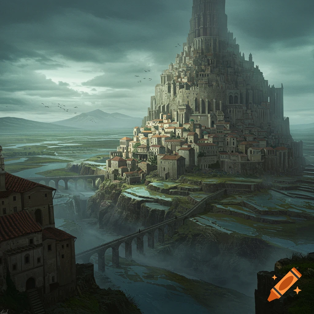 A massive fantasy city built on a hill surrounded by a misty river landscape.