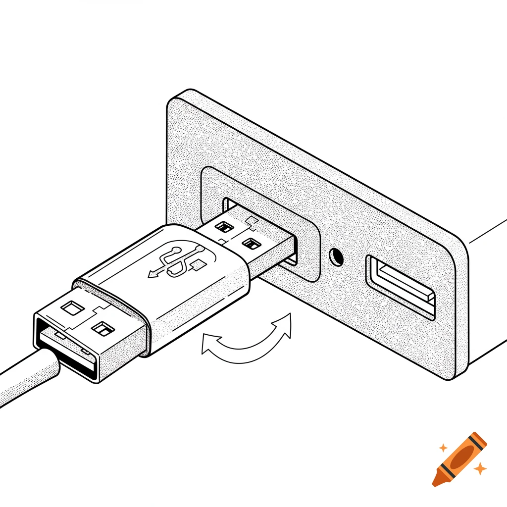 A black and white technical drawing shows a USB plug being inserted into a USB port.