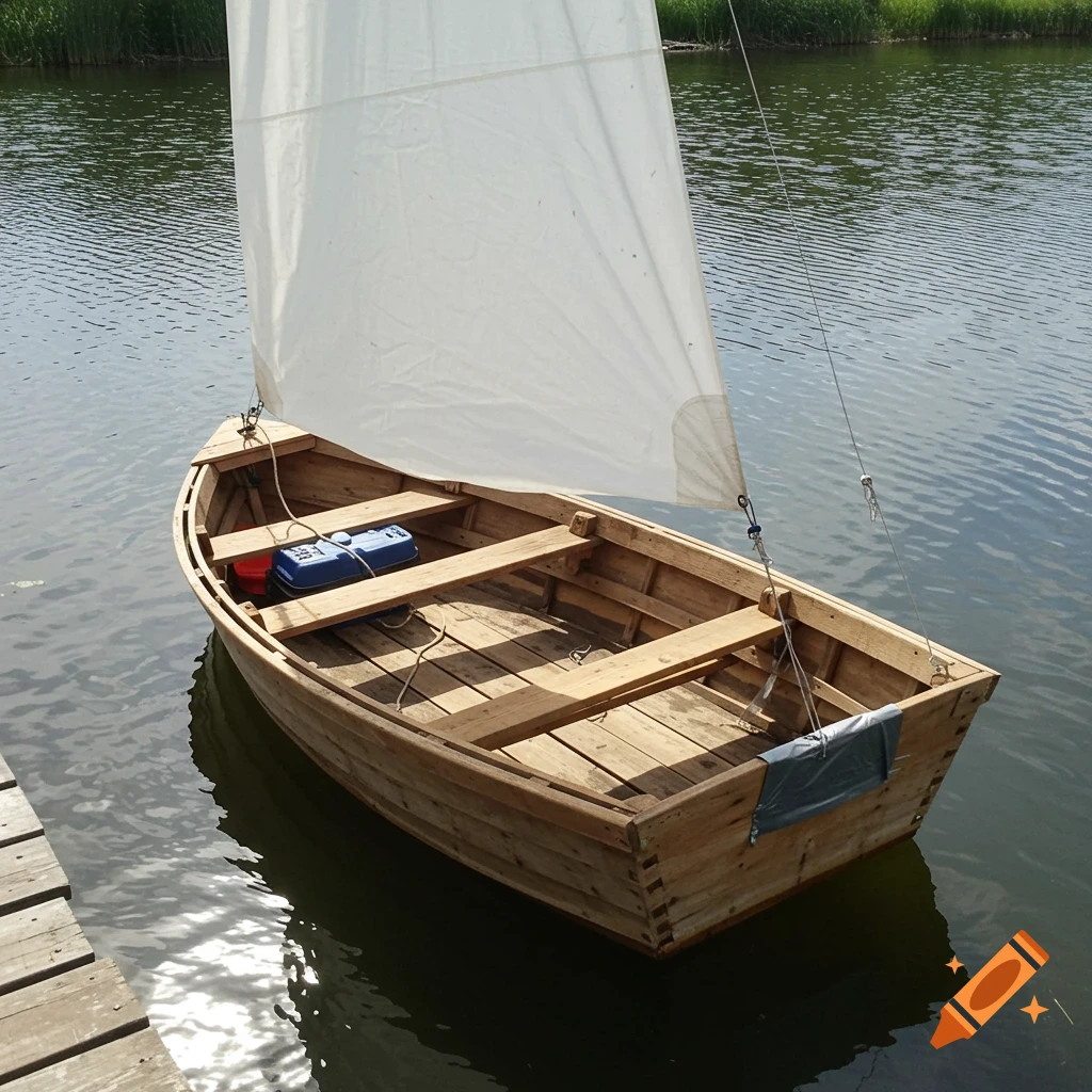 A small wooden sailboat with a white sail floats on calm water next to a dock on a sunny day, photorealistic