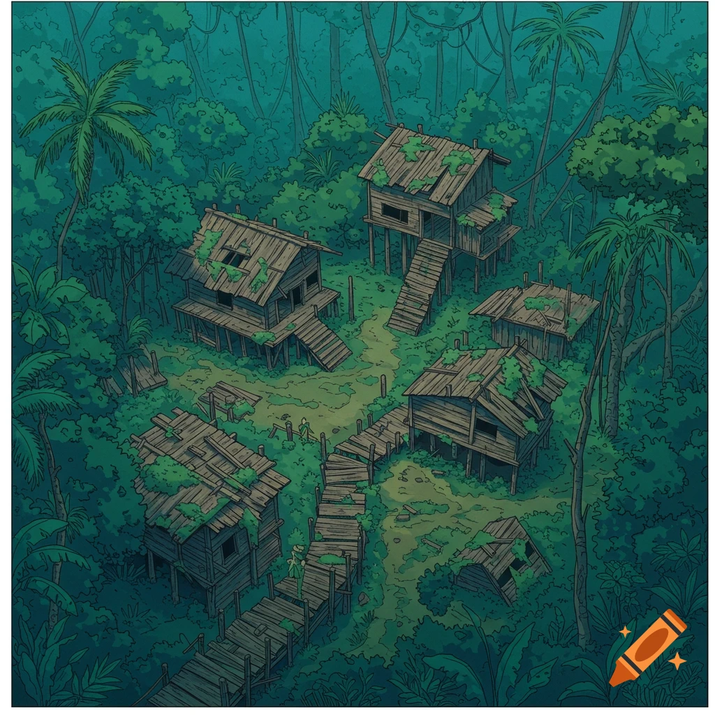 Illustrated view of an abandoned village with wooden huts and walkways in a dense jungle.