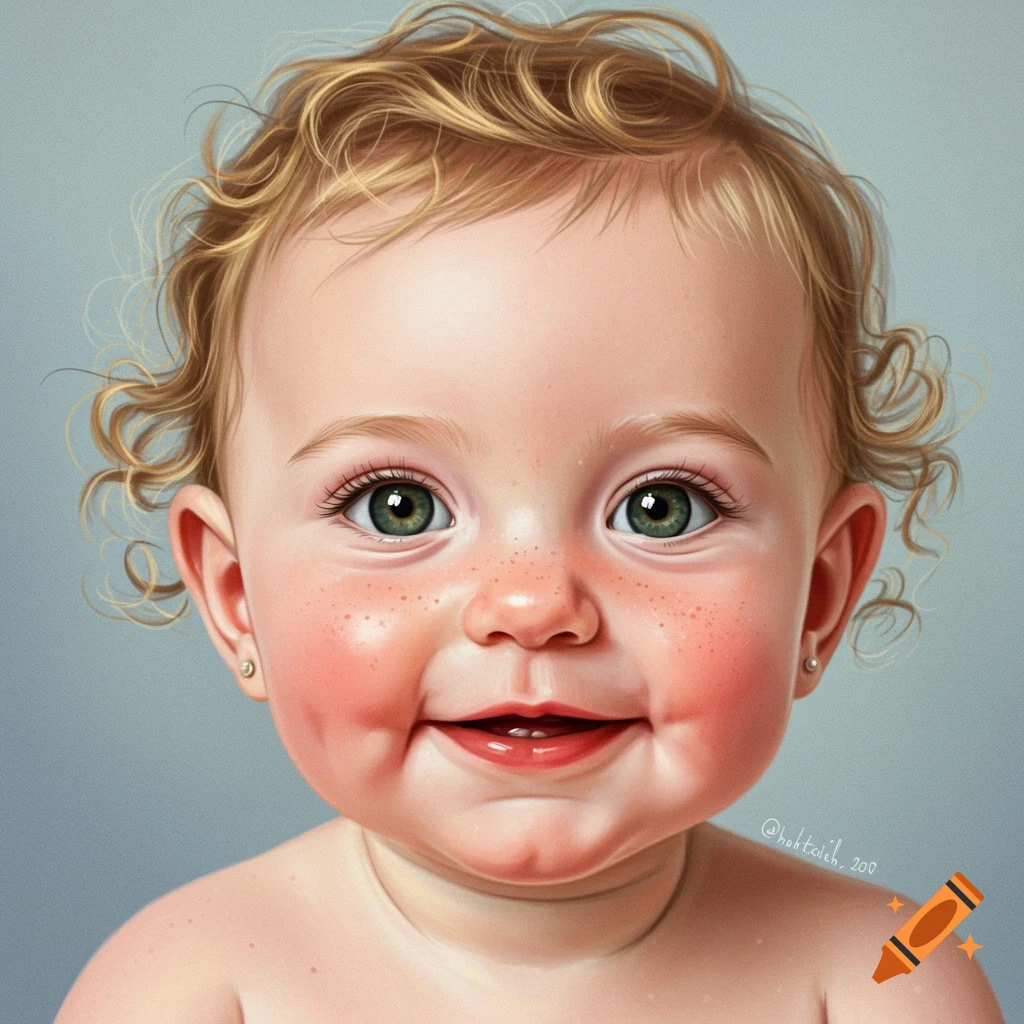 A close-up of a smiling baby with blonde curly hair, green eyes, and freckles.