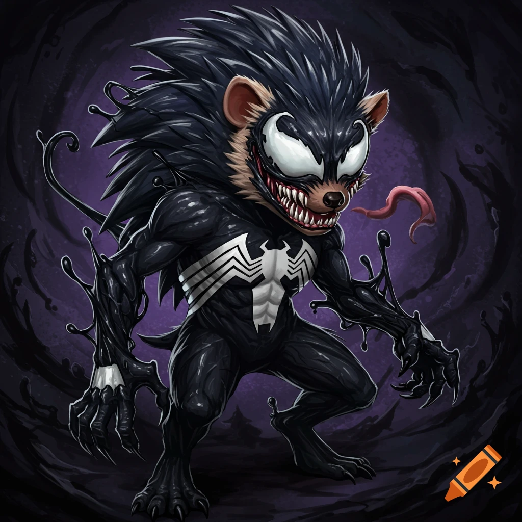 A creature combining a hedgehog and Marvel's Venom, with sharp teeth and claws.