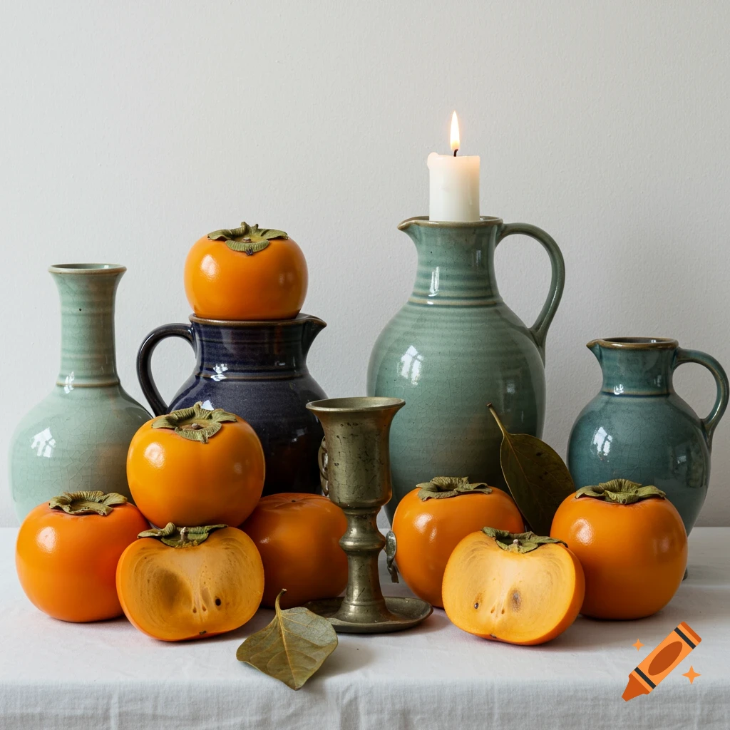 Still life of persimmons, pottery jugs, and a lit candle on a table.