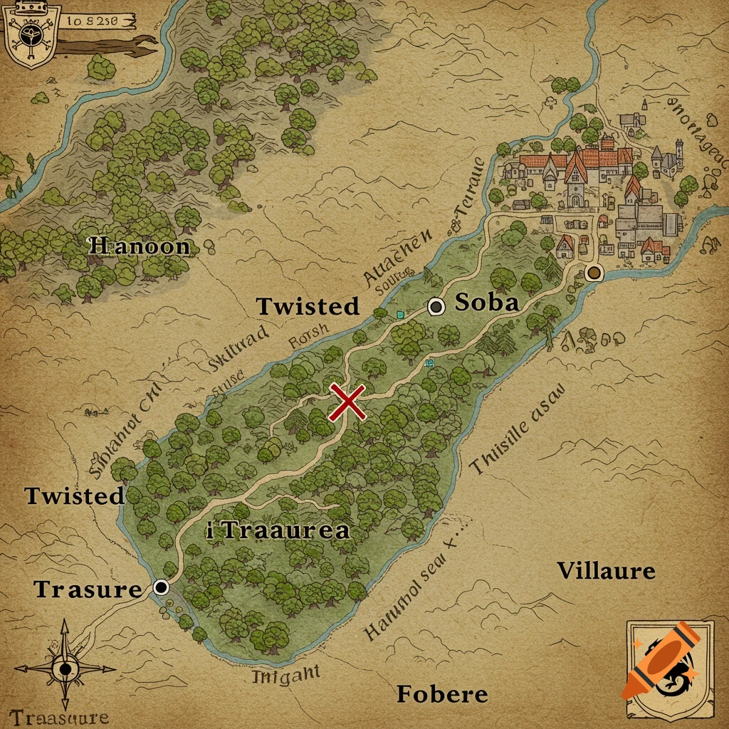 A fantasy style treasure map with a village, forest, river, and roads, marked with an X.