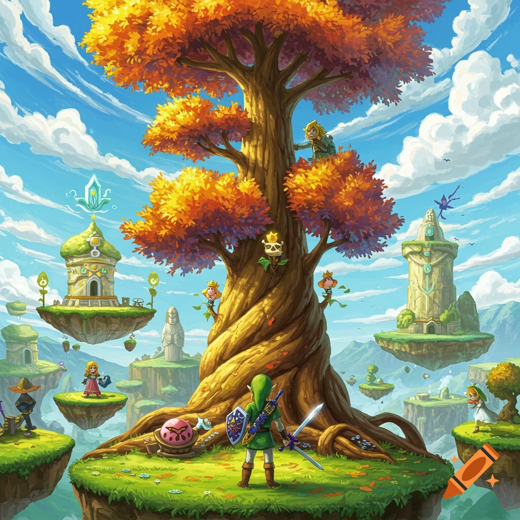 Link stands on a floating island with a large tree, surrounded by other islands with characters and structures in a vibrant fantasy illustration.