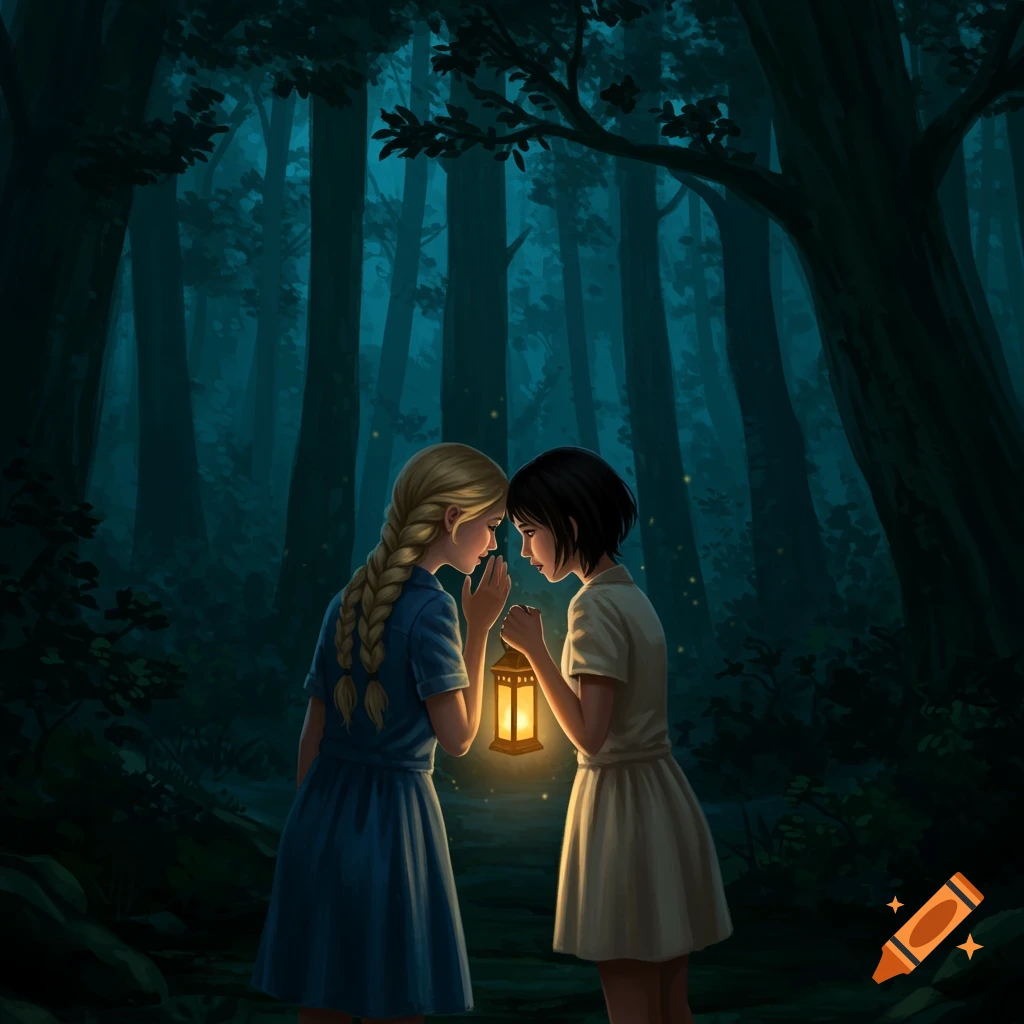 Two girls with a lantern in a dark forest.