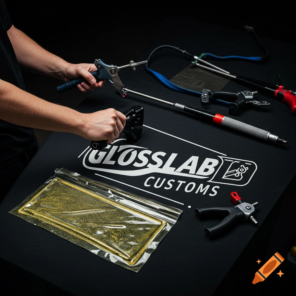 Hands holding tools over a black surface with a logo and other car detailing tools