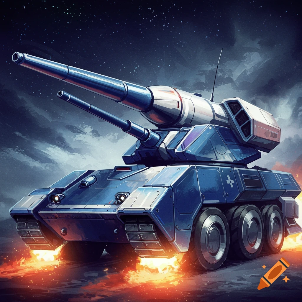 A futuristic blue tank with multiple cannons, emitting flames against a starry sky.