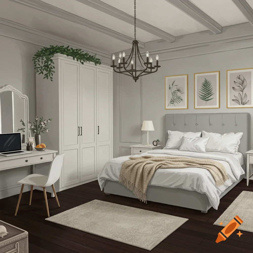 A modern farmhouse bedroom with dark wood floors, white furniture, gray walls, and floral artwork.