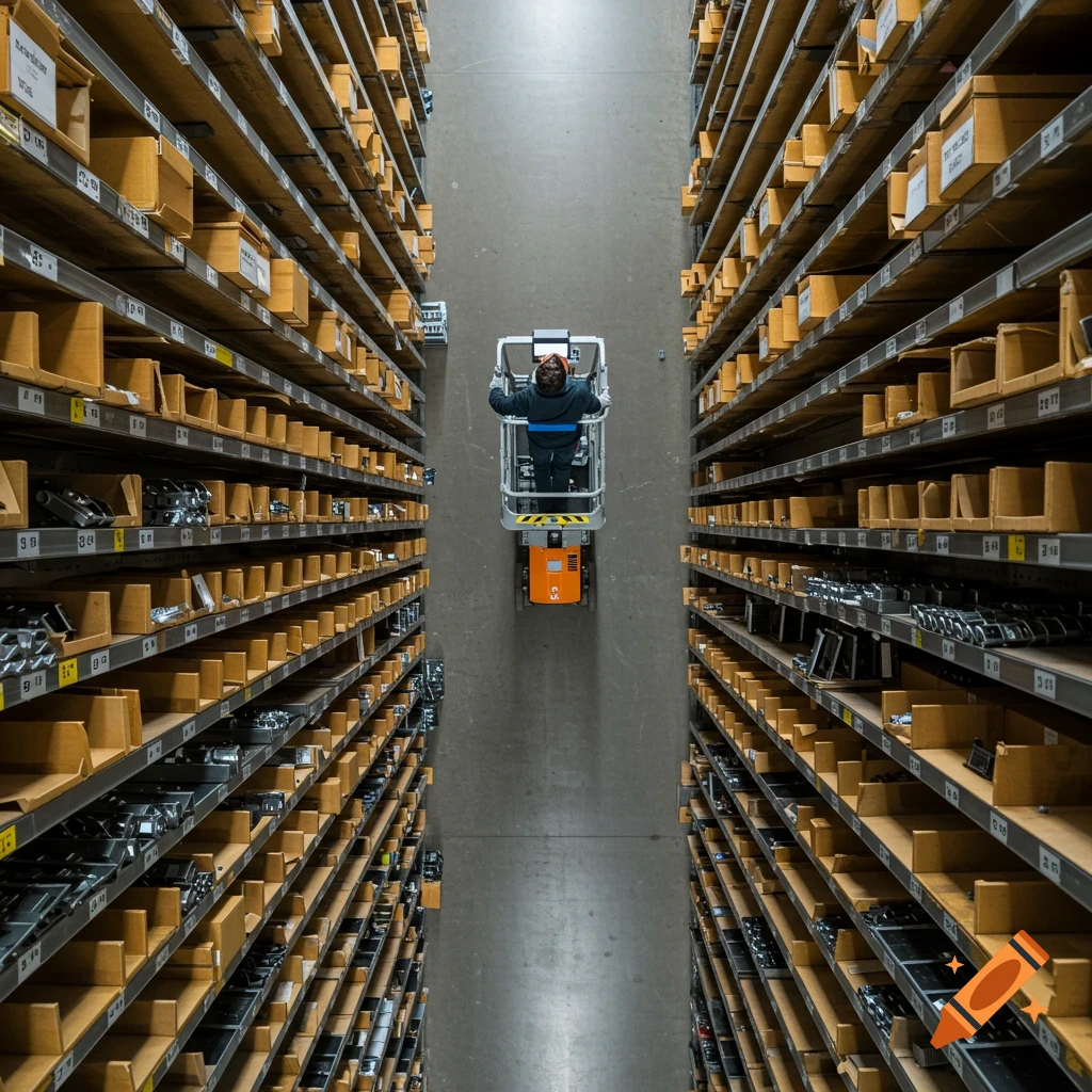 Overhead view of a person in a lift picking parts from shelves in a warehouse