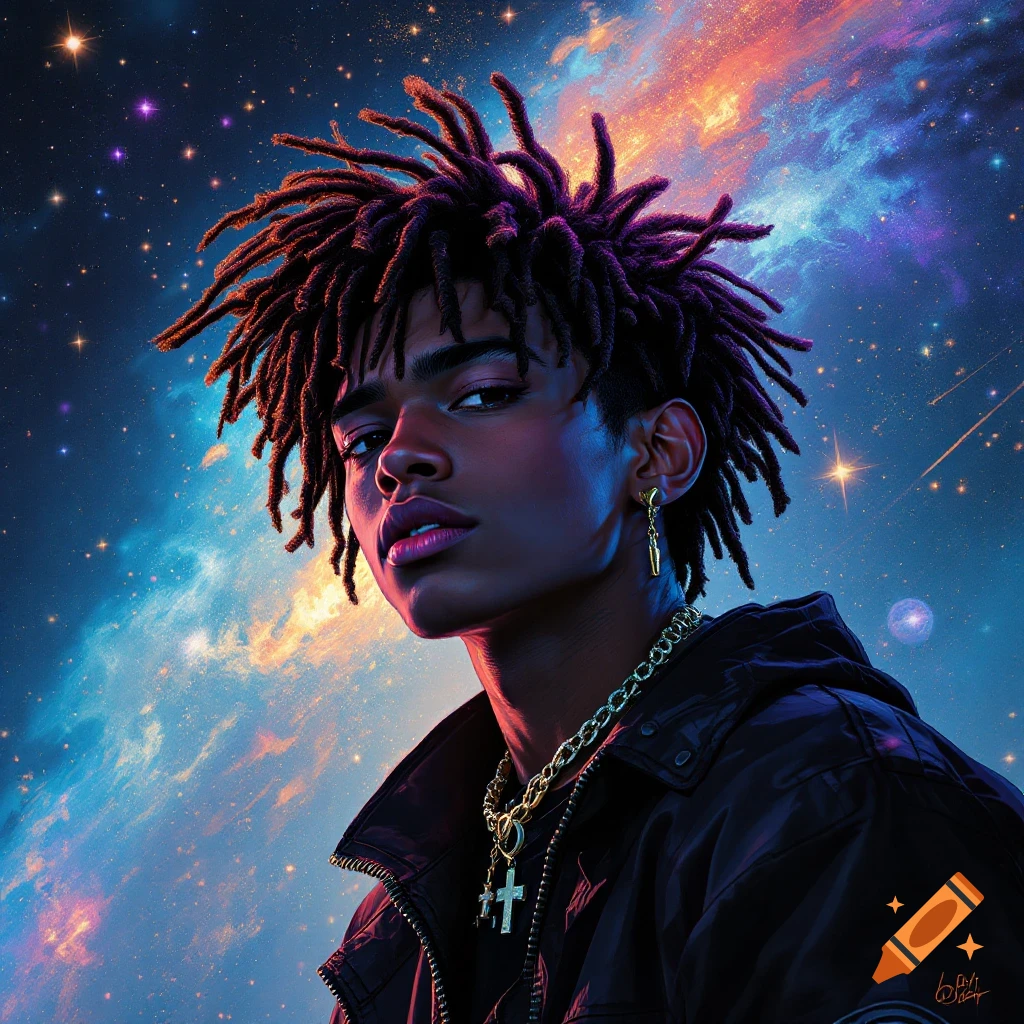 Portrait of a person with dreadlocks and gold jewelry against a colorful space background.